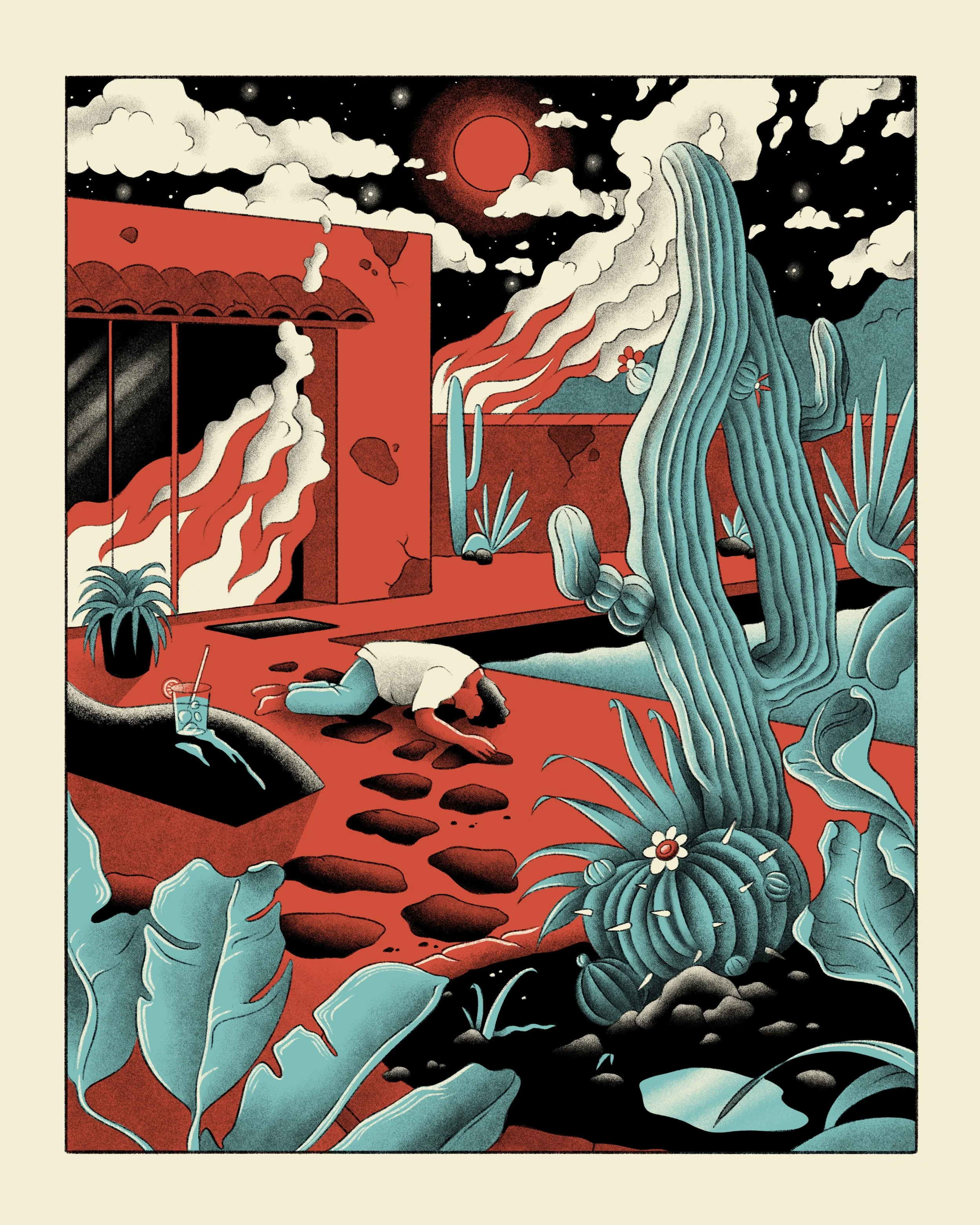 A surreal illustration featuring a person lying face down on a red table with a drink and a straw, in front of a large cactus. The scene is set at night with a dark sky, white clouds, a bright red sun or moon, and various cacti and desert plants.
