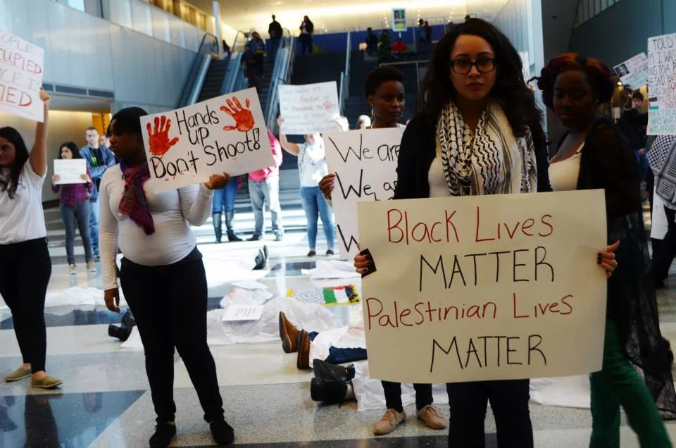 From Ferguson to Palestine solidarity die-in action at John Jay College of Criminal Justice, October 8, 2014. (John Jay College of Criminal Justice Students for Justice in Palestine)