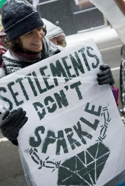 Activists with Adalah-NY engage in anti-apartheid holiday caroling in front of settlement builder Lev Leviev’s jewelry store in New York City, 2013. (ADALAH-NY)