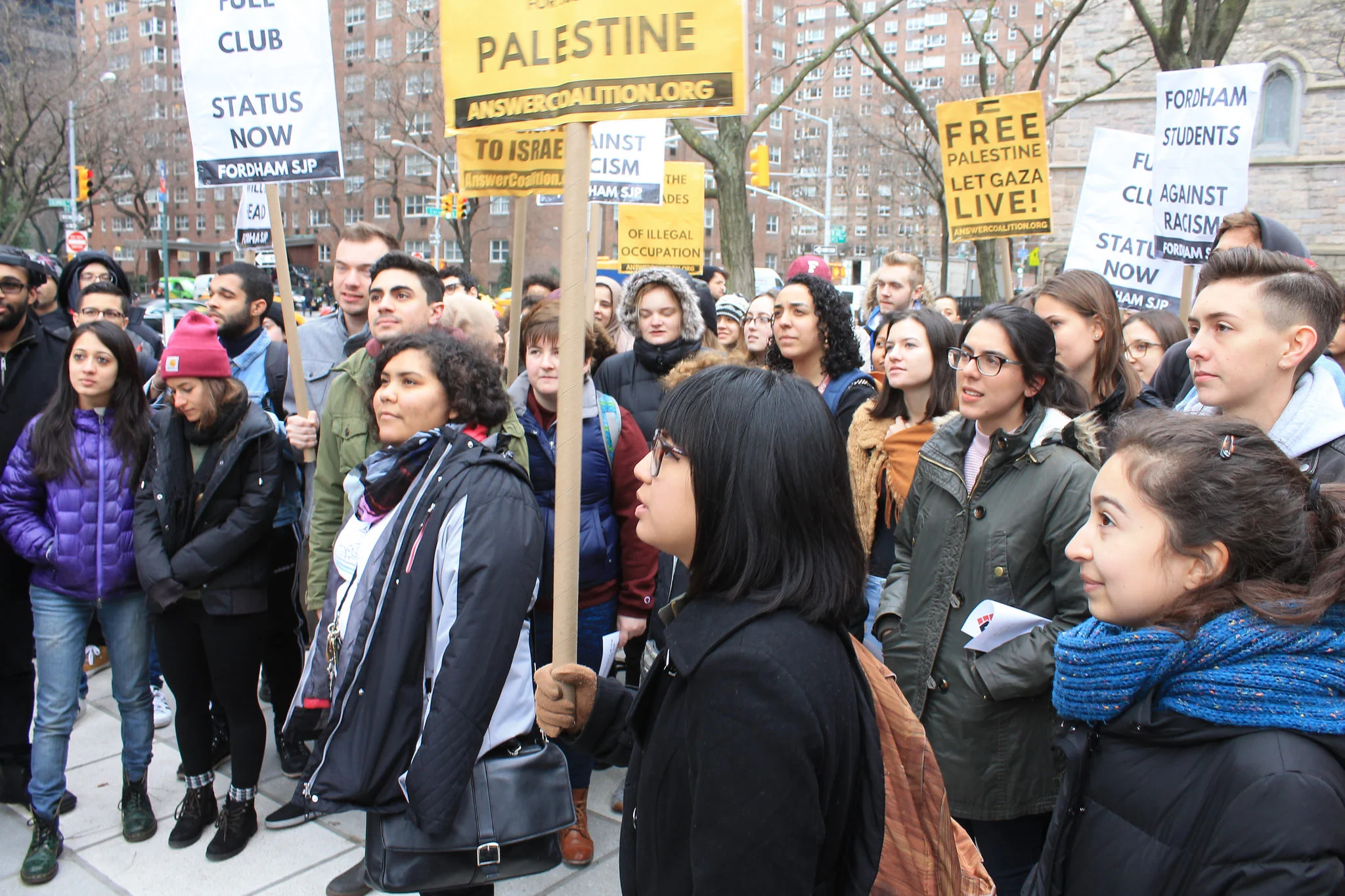 Sofia Dadap, one of the Fordham petitioners, protests the SJP ban in January 2017. Photo: Joe Catron
