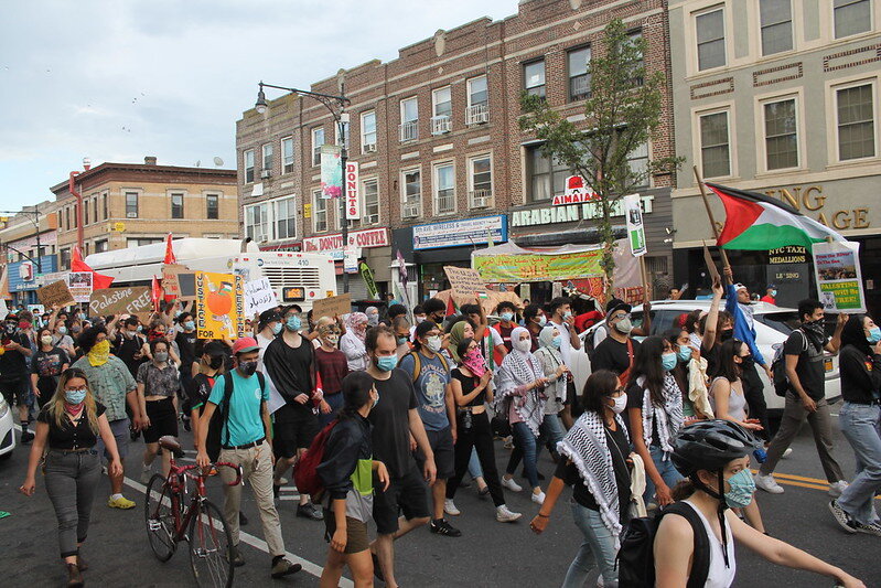  On July 1, 2020, several thousand Palestinians and supporters rallied in the Palestinian-American neighborhood of Bay Ridge, then marched four miles north to the Barclays Center, to oppose threats by Israel to annex more land in the occupied West Ba