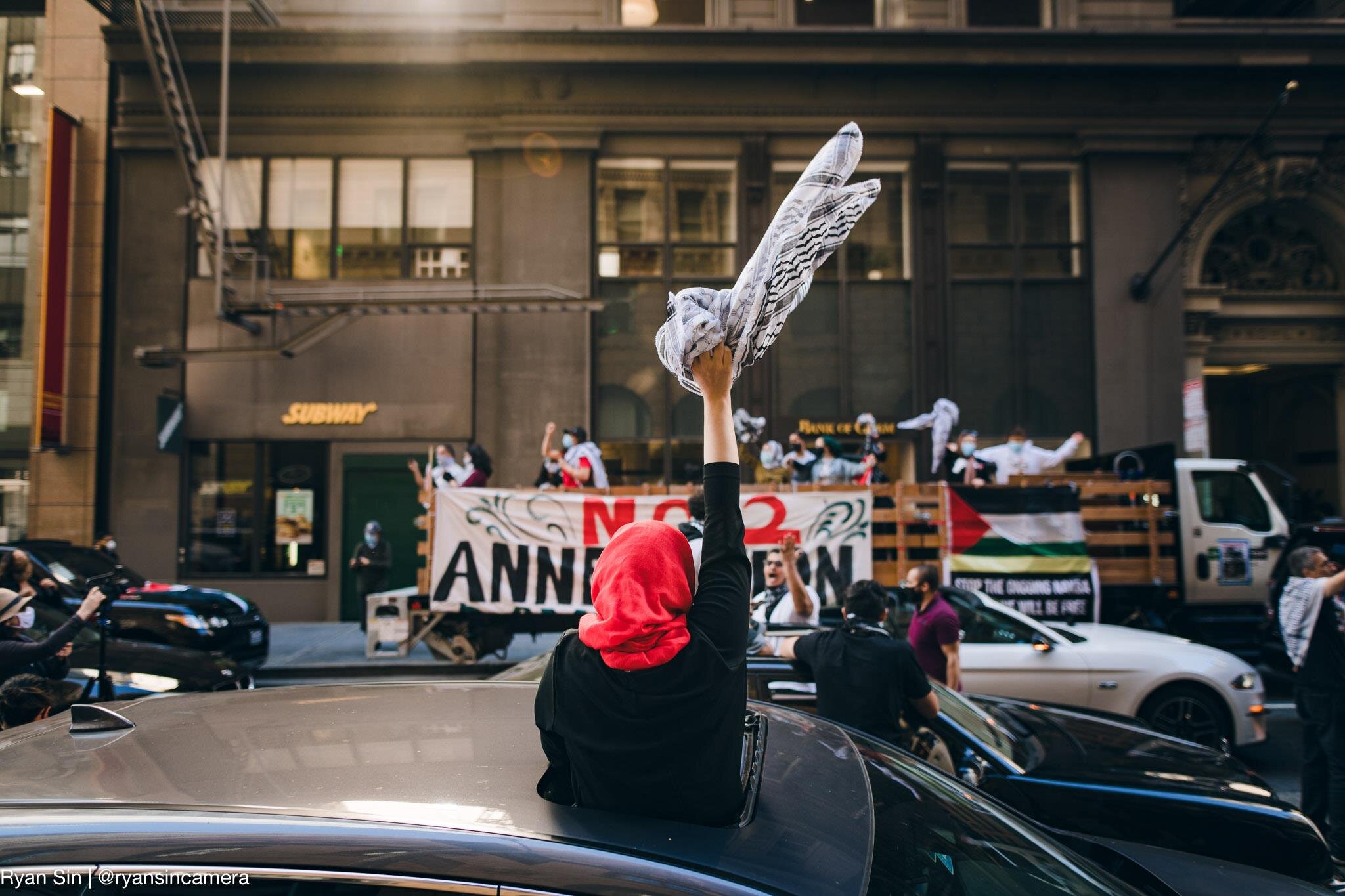  On July 2, 2020, advocates for Palestinian freedom in the SF Bay Area organized a caravan of over 500 to protest Israel’s threats to annex more land in the occupied West Bank. (Credit:  Ryan Sin )  