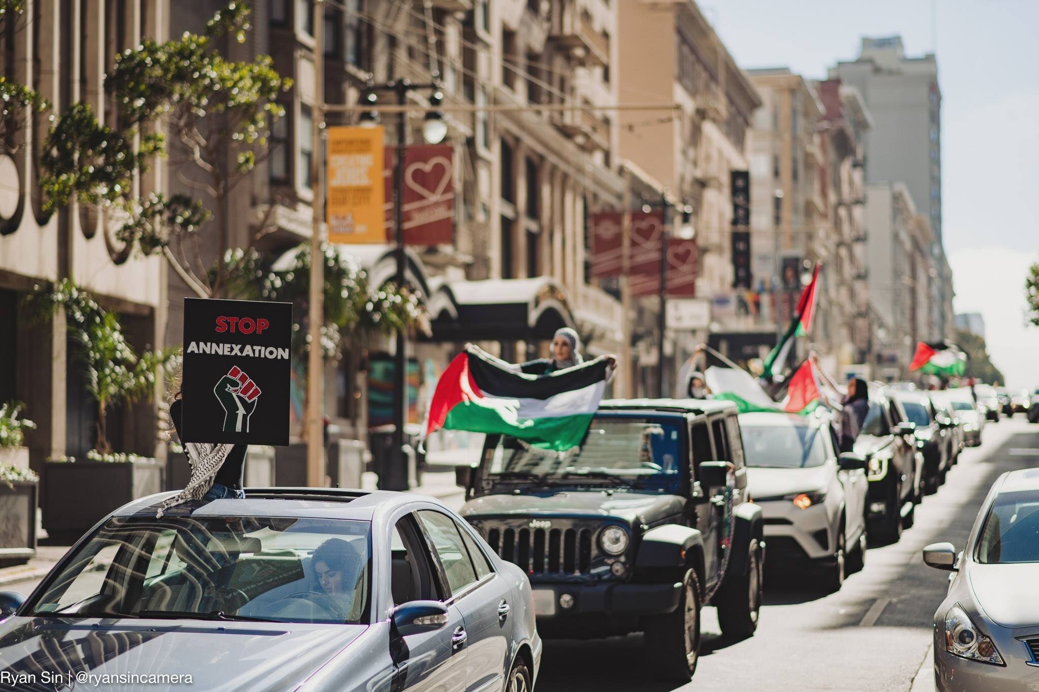  On July 2, 2020, advocates for Palestinian freedom in the SF Bay Area organized a caravan of over 500 to protest Israel’s threats to annex more land in the occupied West Bank. (Credit: Ryan Sin) 