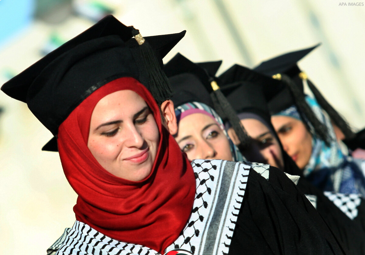  Graduates in Palestine wear stoles to celebrate their cultural heritage. Mariam’s school district told her the Palestinian stole did not meet the criteria for cultural adornment. (Credit: Nedal Eshtayah/AP Images) 