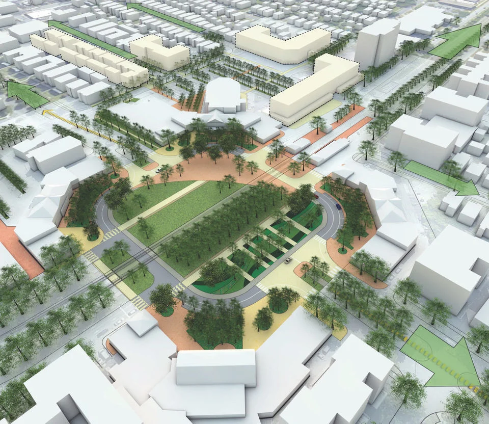 In an early design concept by Hargreaves Associates that received intensive media attention, Shaker Boulevard would be closed through Shaker Square to create additional open space.