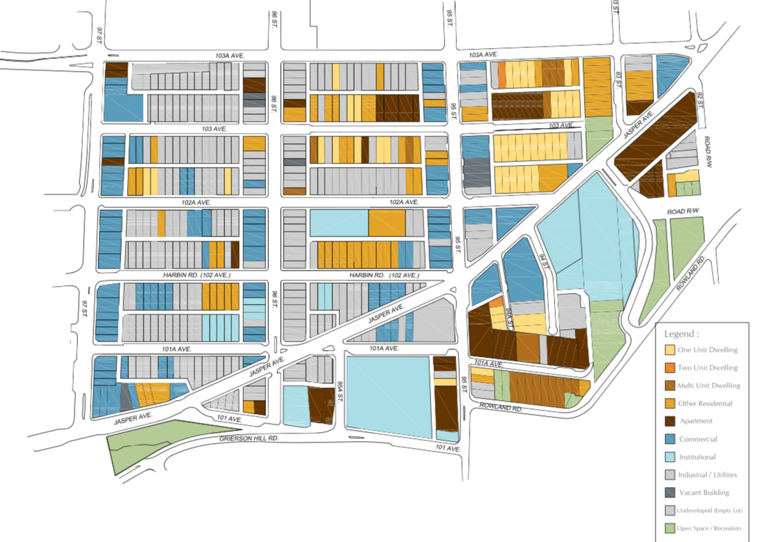 From The City of Edmonton's 'The Quarters Downtown: Urban Design Plan'. A detail of Figure 2-4: Existing Land USe.