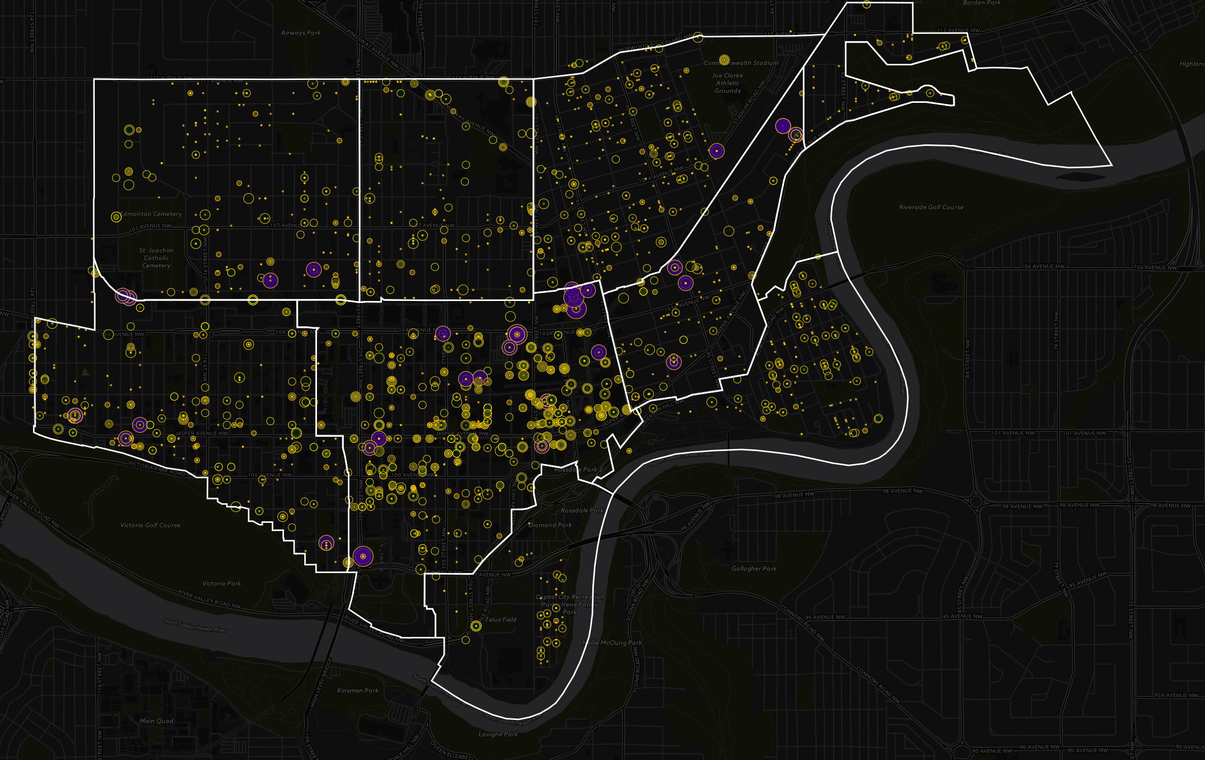 Figure 3: Estimated building permit value 2009-2015. Purple circles are worth 100 million (for the smaller purple) and 200 million plus, green circles are 1 million to 10 million, yellow circles are lees then 100 000, and the small yellow dots are less then 50 000. Multiple circles around a single point indicates multiple building permits were granted for that location.