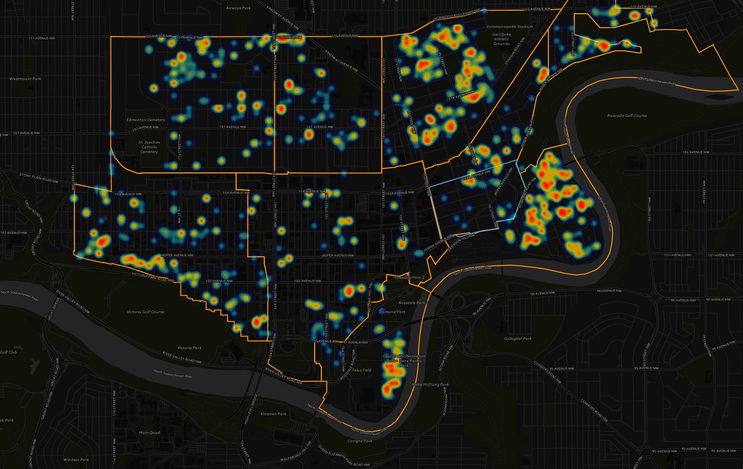 Figure 6: Heat map of Edmonton's downtown neighbourhoods. This heat maps is showing clusters of residential (all housing types) building permits. 