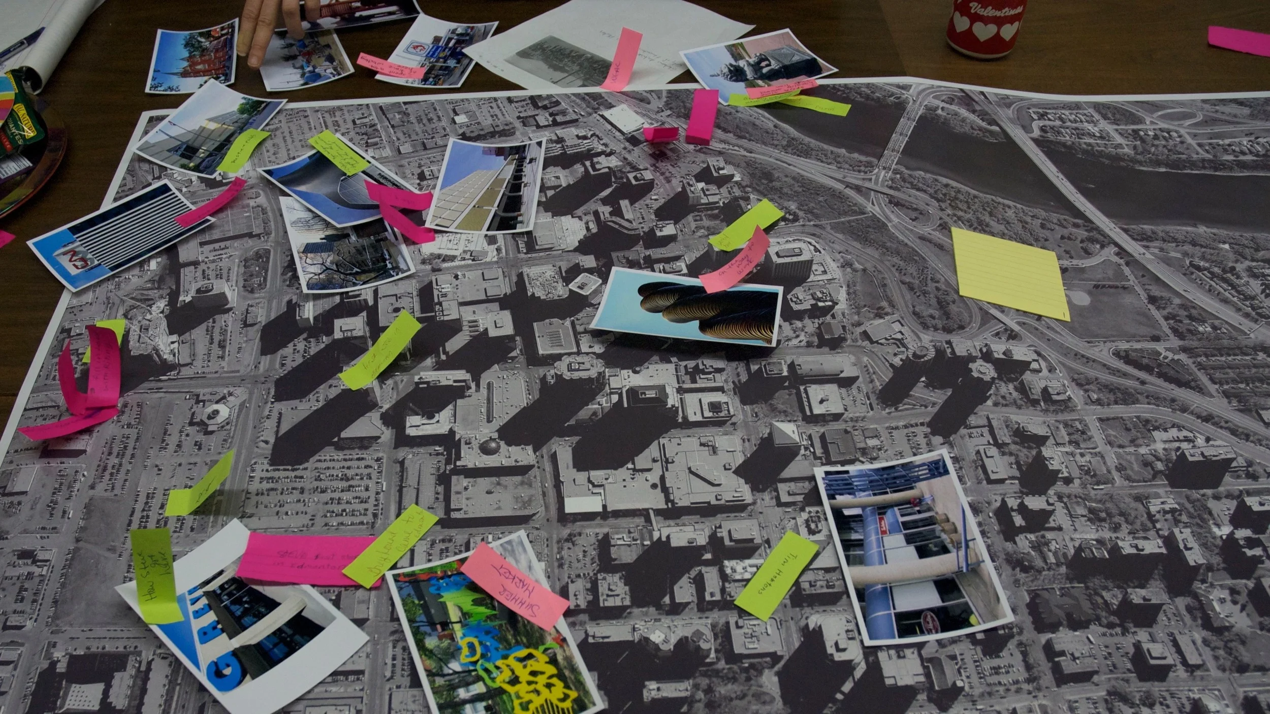An image of an orthophoto being annotated by inner-city residents on how they use outdoor downtown spaces. 