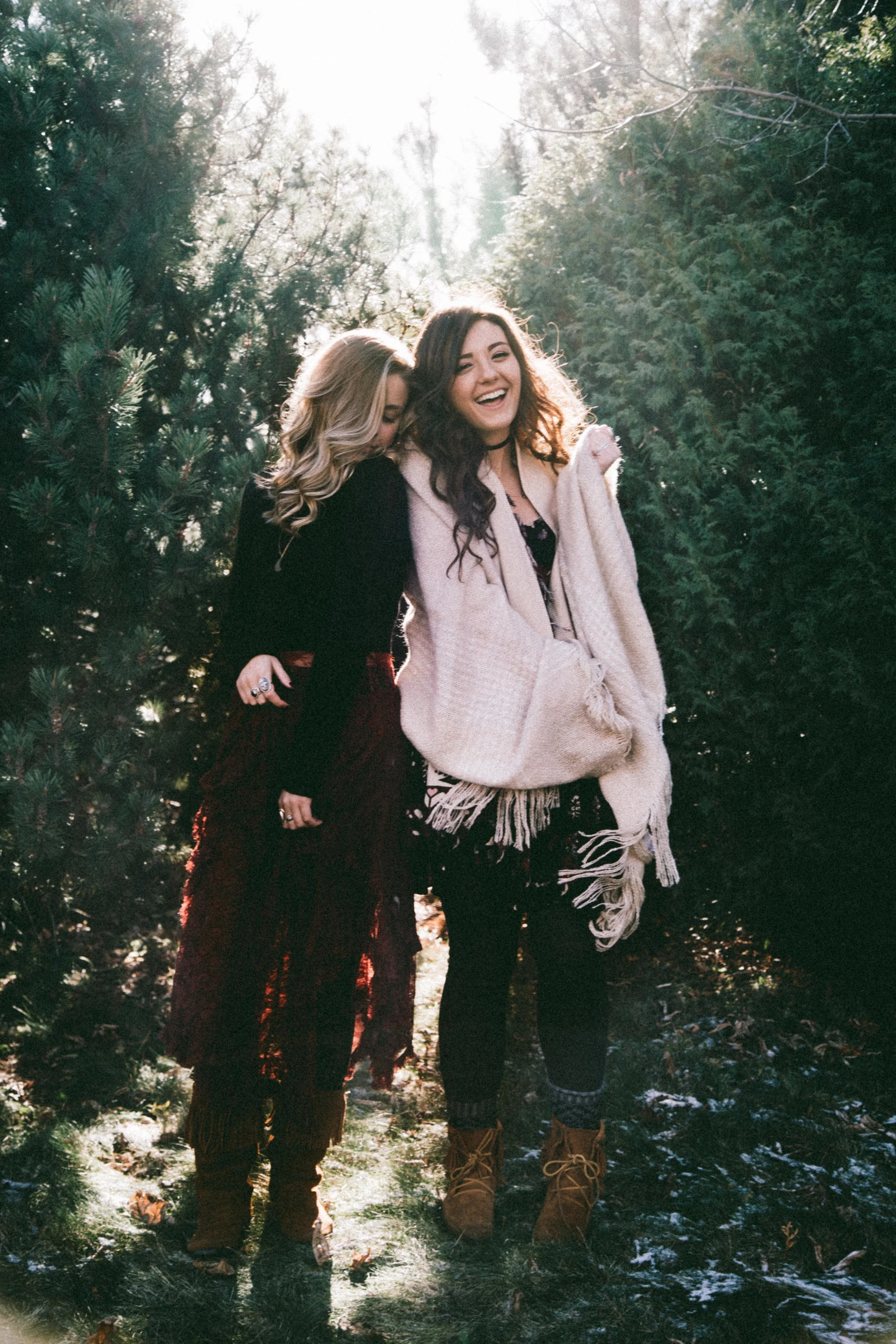 Courtney: Free People Dress | Free People Leggings |  Minnetonka Moccasin BootsAllegra: Free People Dress | Forever21 Scarf | PacSun Leggings | Minnetonka Moccasin Boots