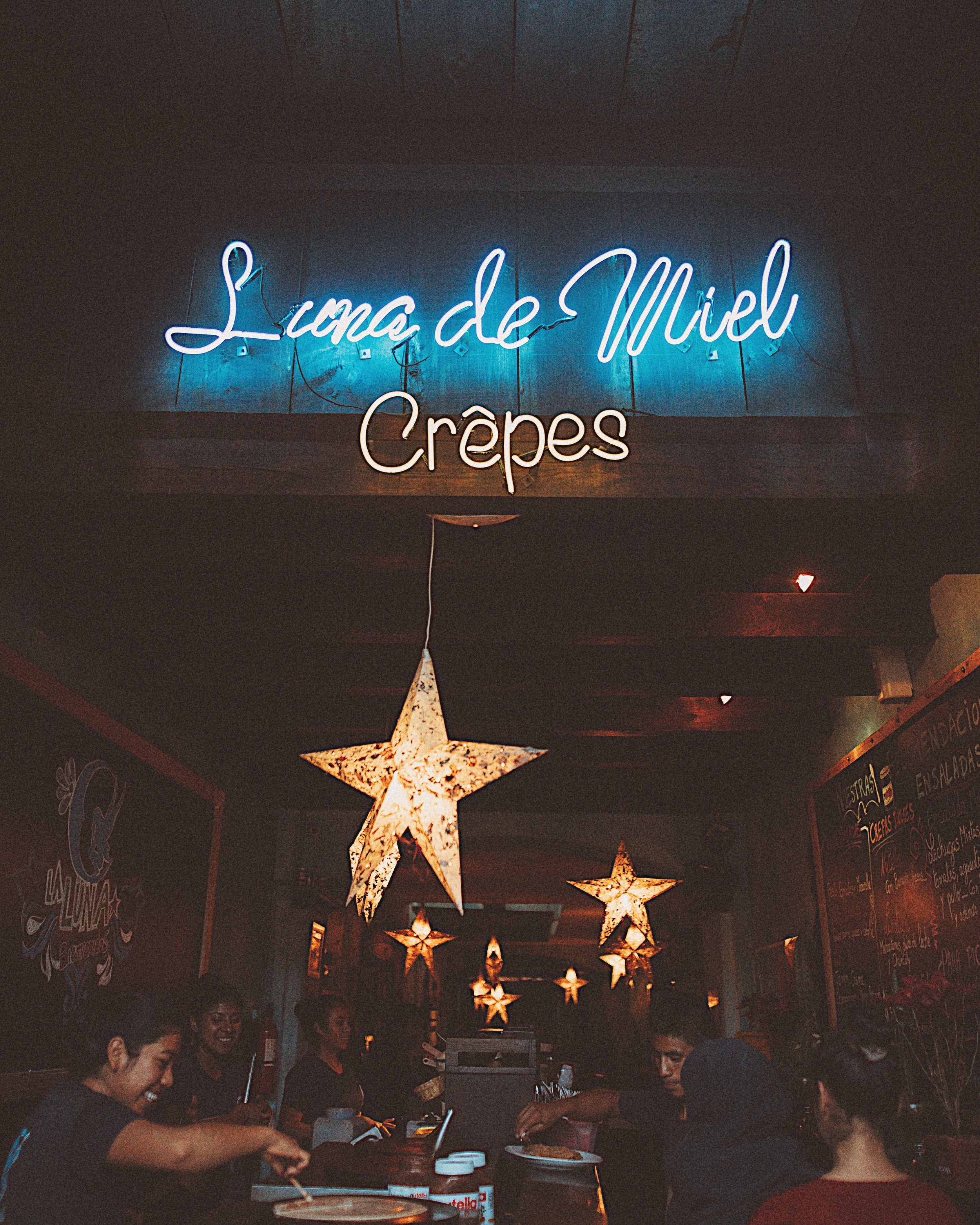 ate a handmade crepe with coconut ice cream and chocolate chips at Luna de Miel , which means "honey moon" in Spanish.