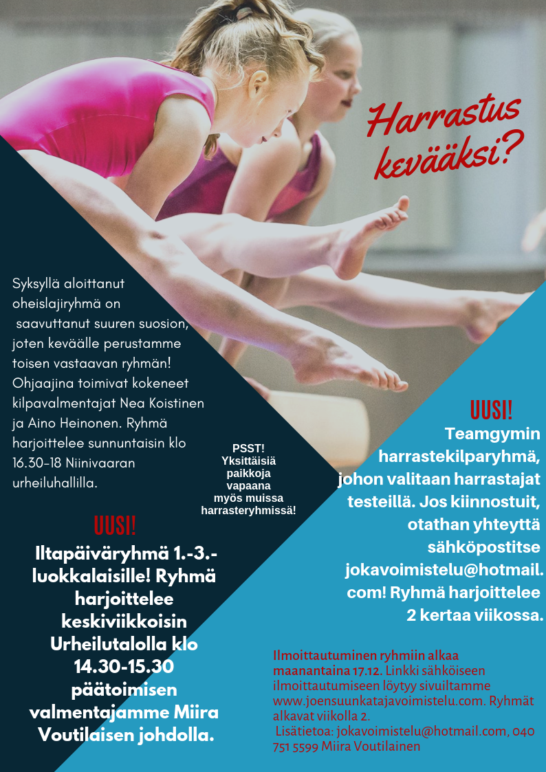 Keväälle perustamme uuden iltapäiväryhmän sekä oheislajiryhmän, sillä syksyn oheislajiryhmä sai suuren suosion! Ilmoittautuminen näihin ryhmiin alkaa maanantaina 17.12 klo 8 Hoikassa.