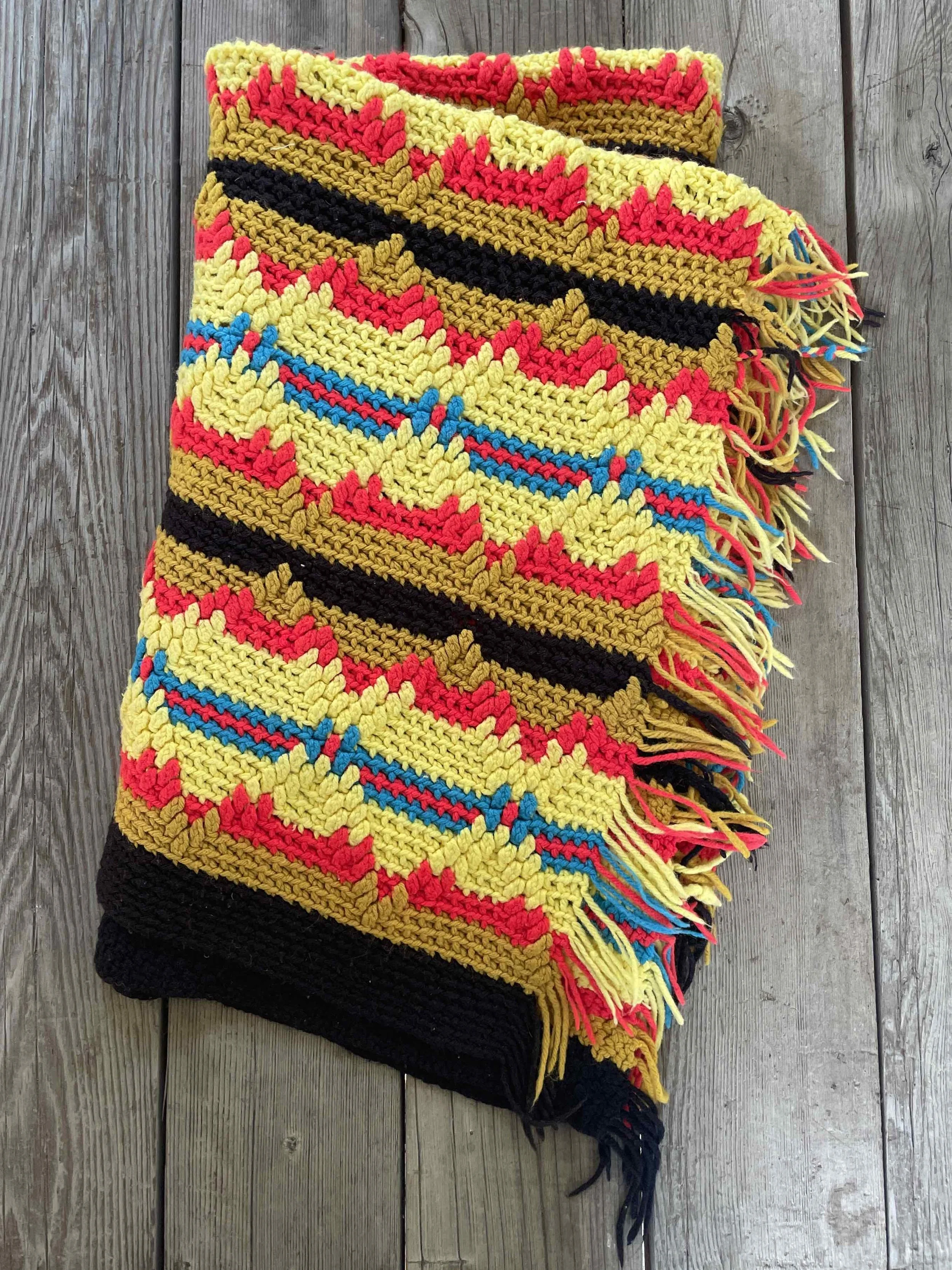 Vintage Crochet Blanket in Red, Yellow and Blue
