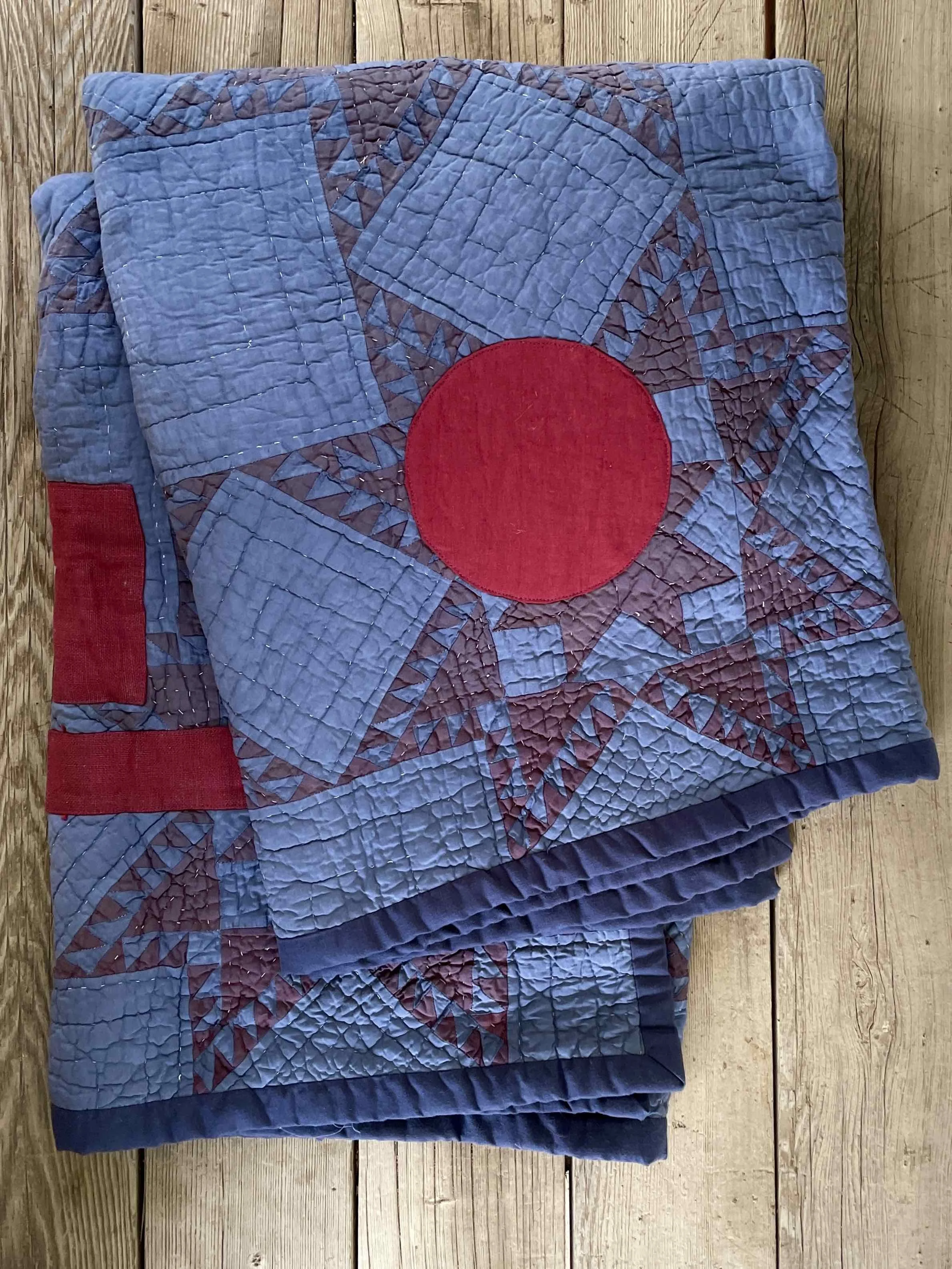 BLUE AND RED ALTERED VINTAGE QUILT