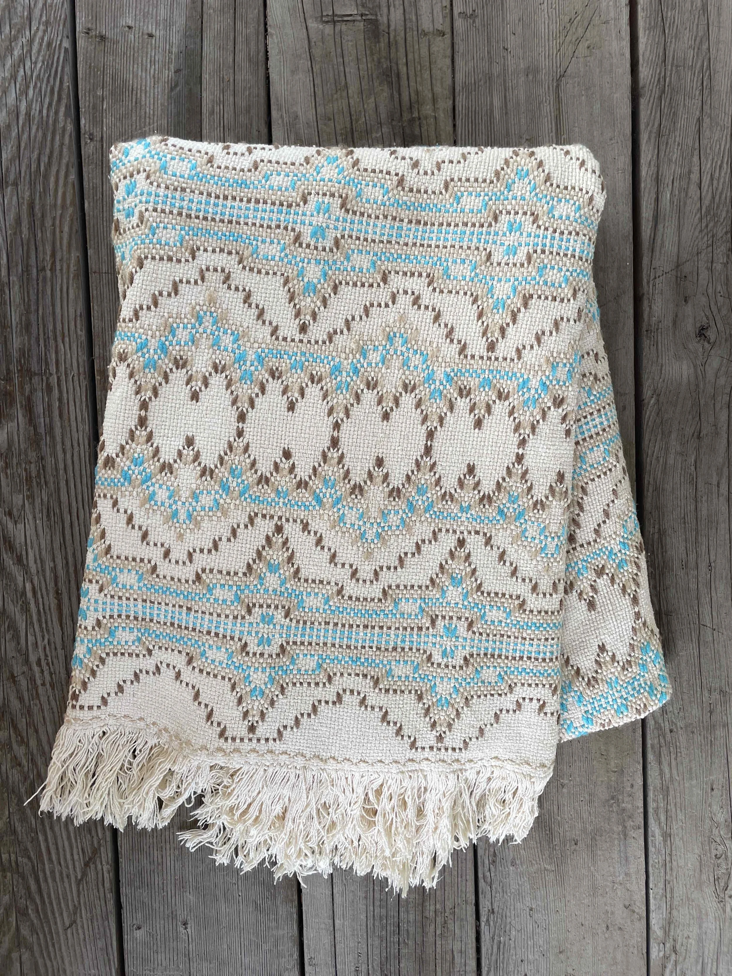 Vintage Woven Blanket in Ivory with Blue and Beige