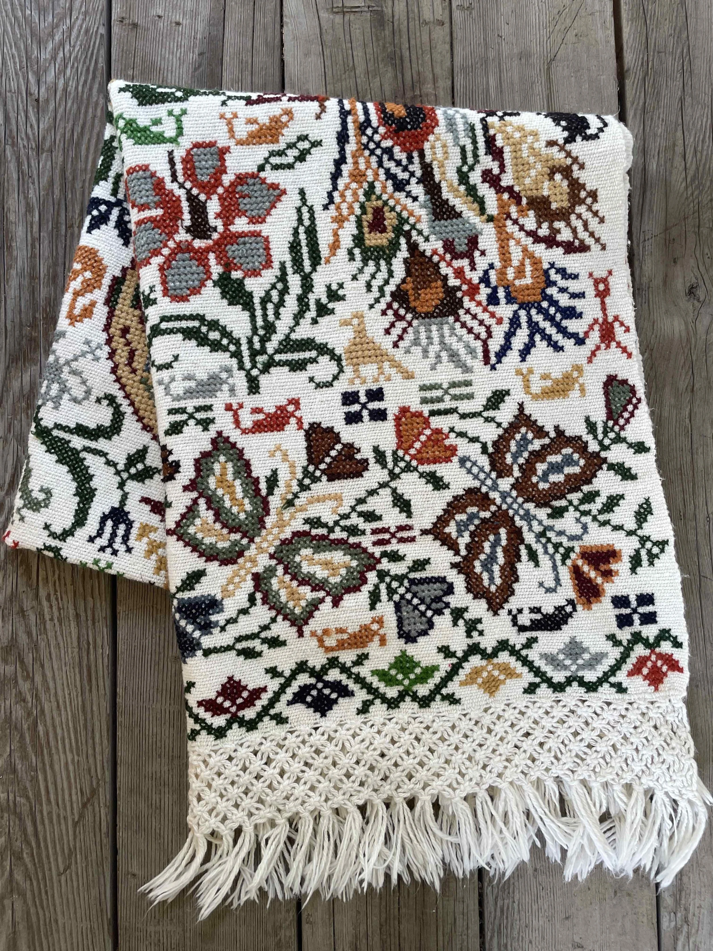 Vintage Woven Wool Cloth with Cross Stitch