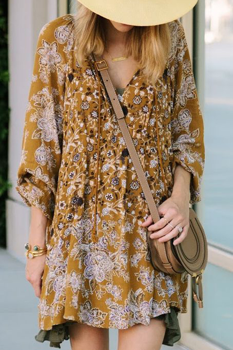 Boho chic in mustard with a floral pattern.