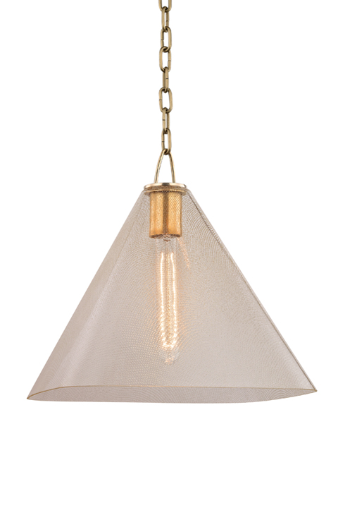 Triangular glass pendant with gold fittings.