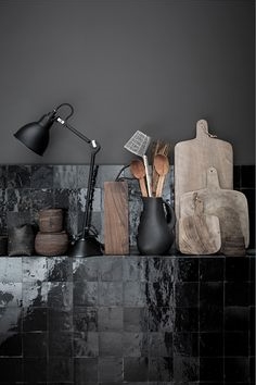 Glossy black onyx kitchen tile