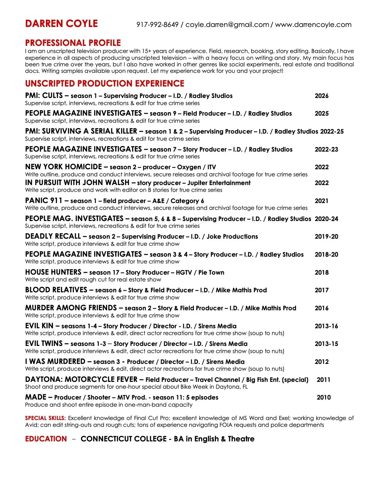DARREN'S CURRENT RESUME FOR UNSCRIPTED