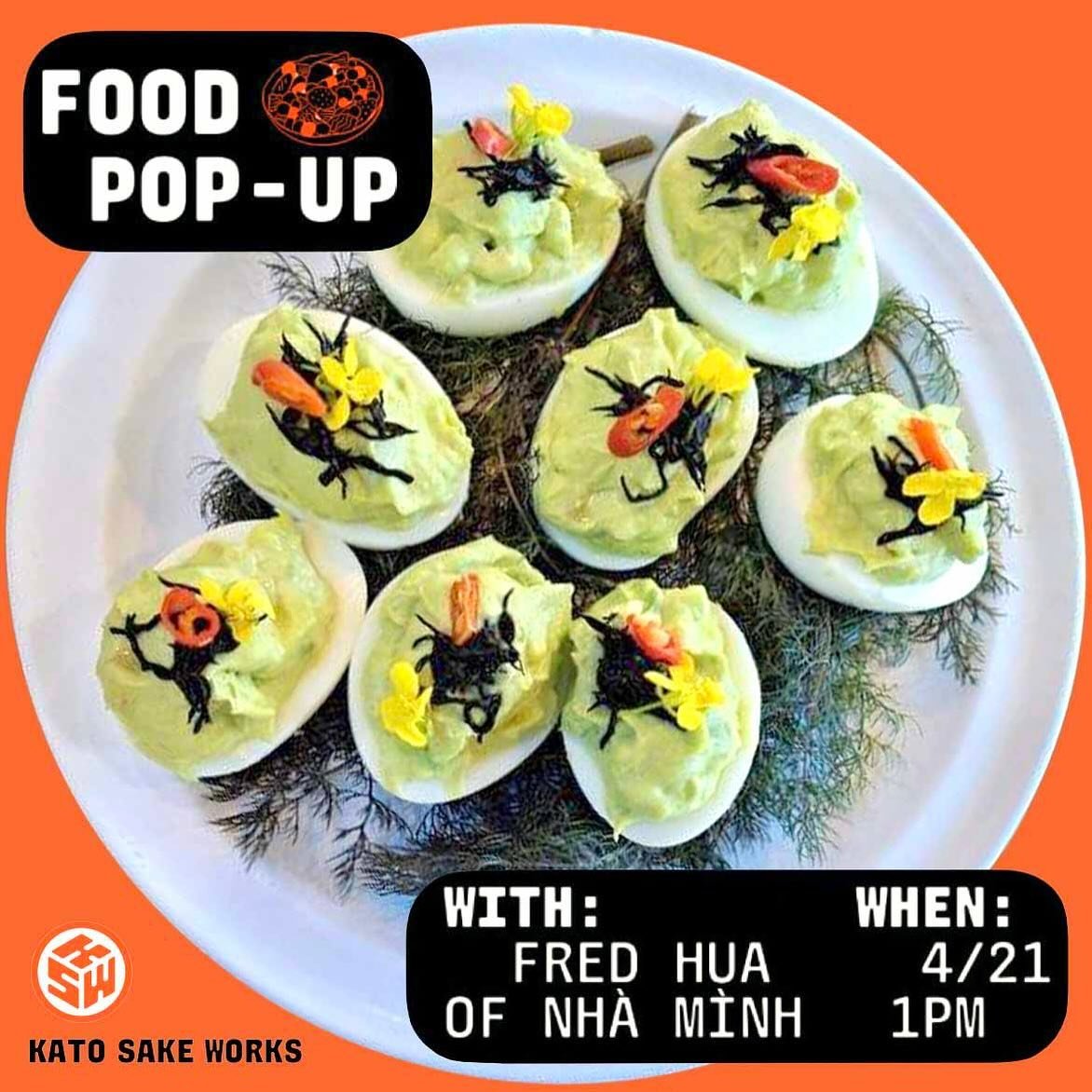 don&rsquo;t miss @fredhua popping up at @katosakeworks today! he has these avocado deviled eggs with hijiki, Kato mirin, and flowers from @growbeautifulwithjae; as well as bbq chicken b&aacute;nh m&igrave; burgers; soy sauce mirin salmon burgers; and