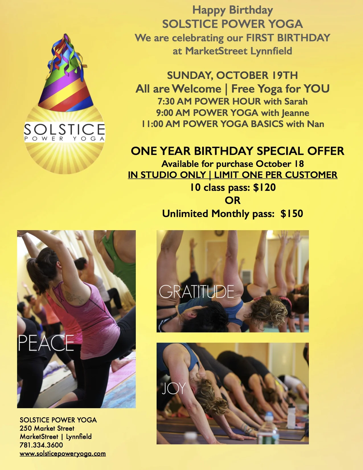 Happy Birthday SOLSTICE POWER YOGA | SUNDAY, October 18th | All are Welcome | Free Yoga | Special Offers