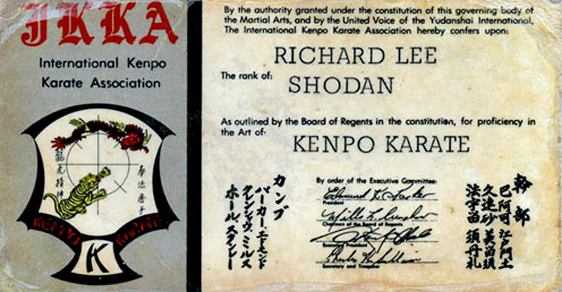 Lee's certification card for the rank of Shodan (black belt) issued by Ed Parker through the International Kenpo Karate Association (IKKA) in 1968.