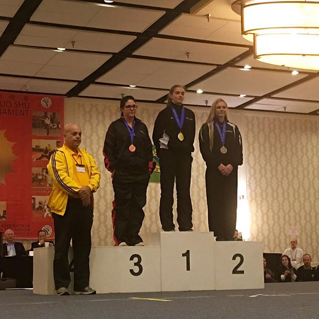 Ms Schmid on the podium receiving her medal for 2nd place in her weight division for Lei Tai full contact fighting. @usksf @ibfda_org #usksf2016