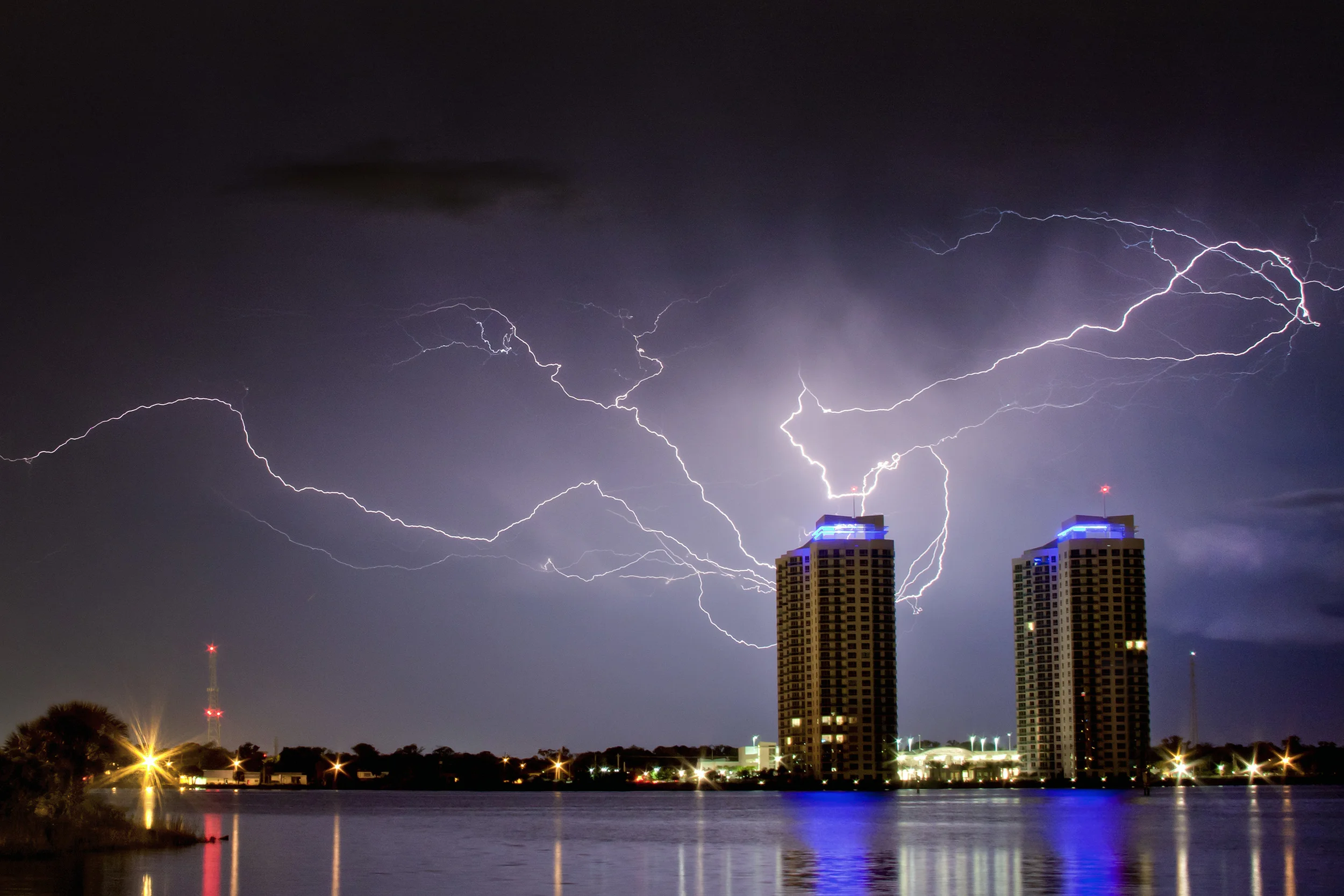 Lightning over the Marina Grande towers in Daytona Beach, Florida on April 25, 2010