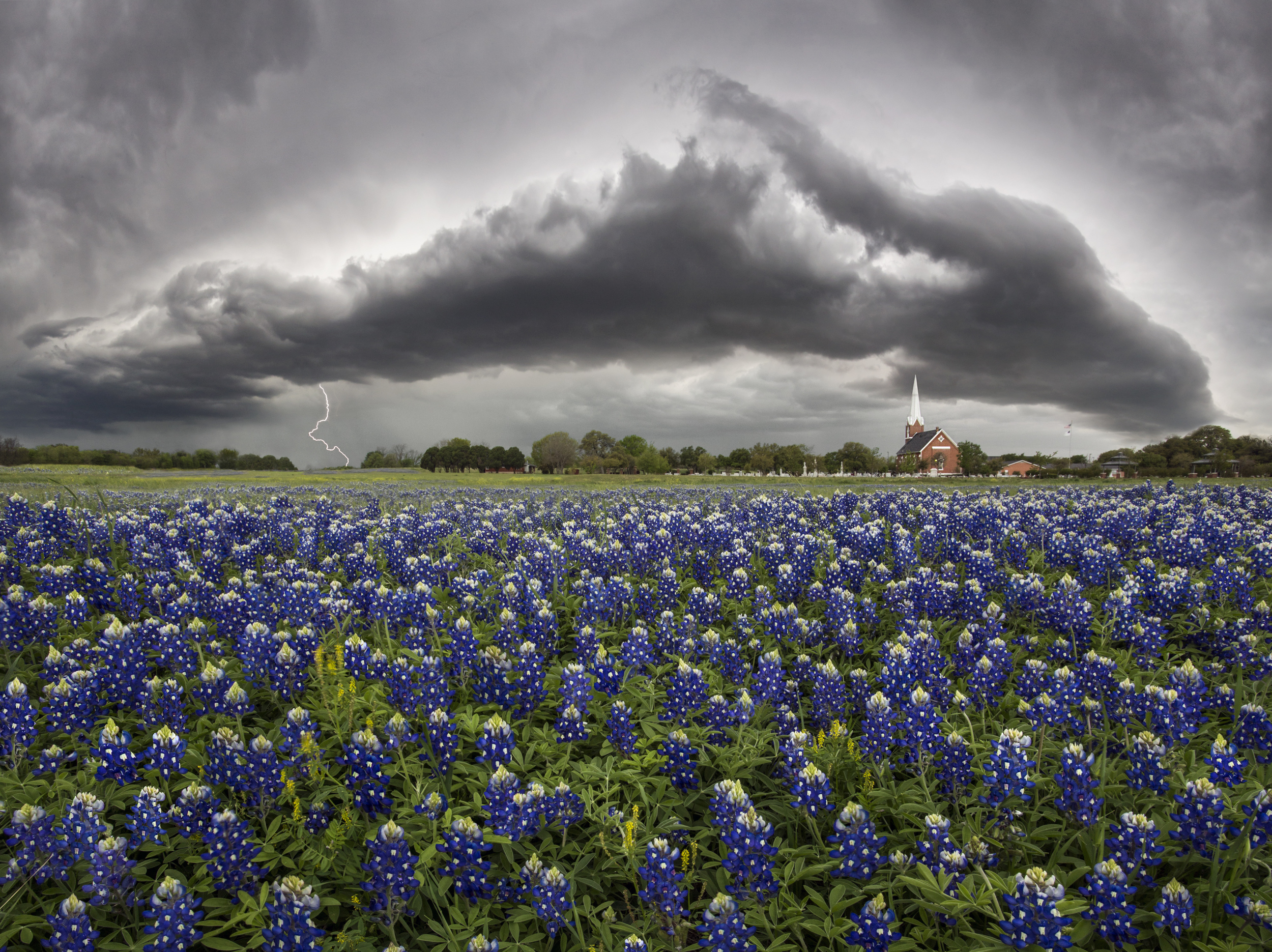  Thunderstorm over Palm Valley Church in Round Rock Texas, sitting behind a field of bluebonnets 