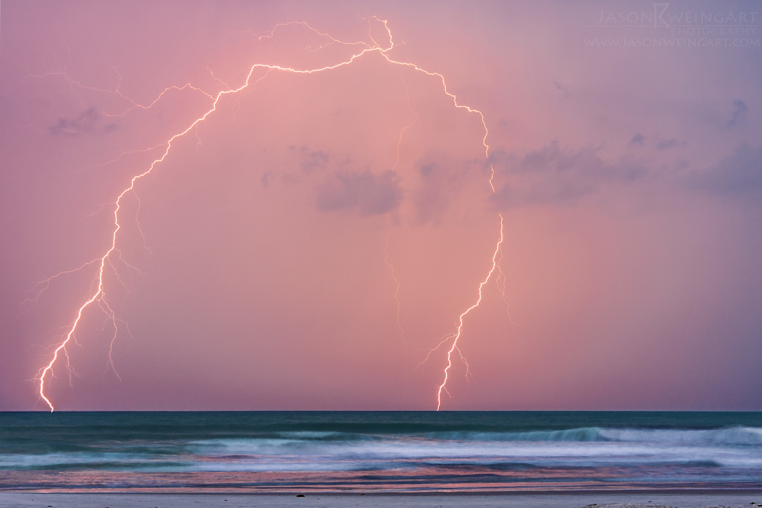  Lightning off the coast of New Smyrna Beach during sunset on may 13, 2011.&nbsp; 