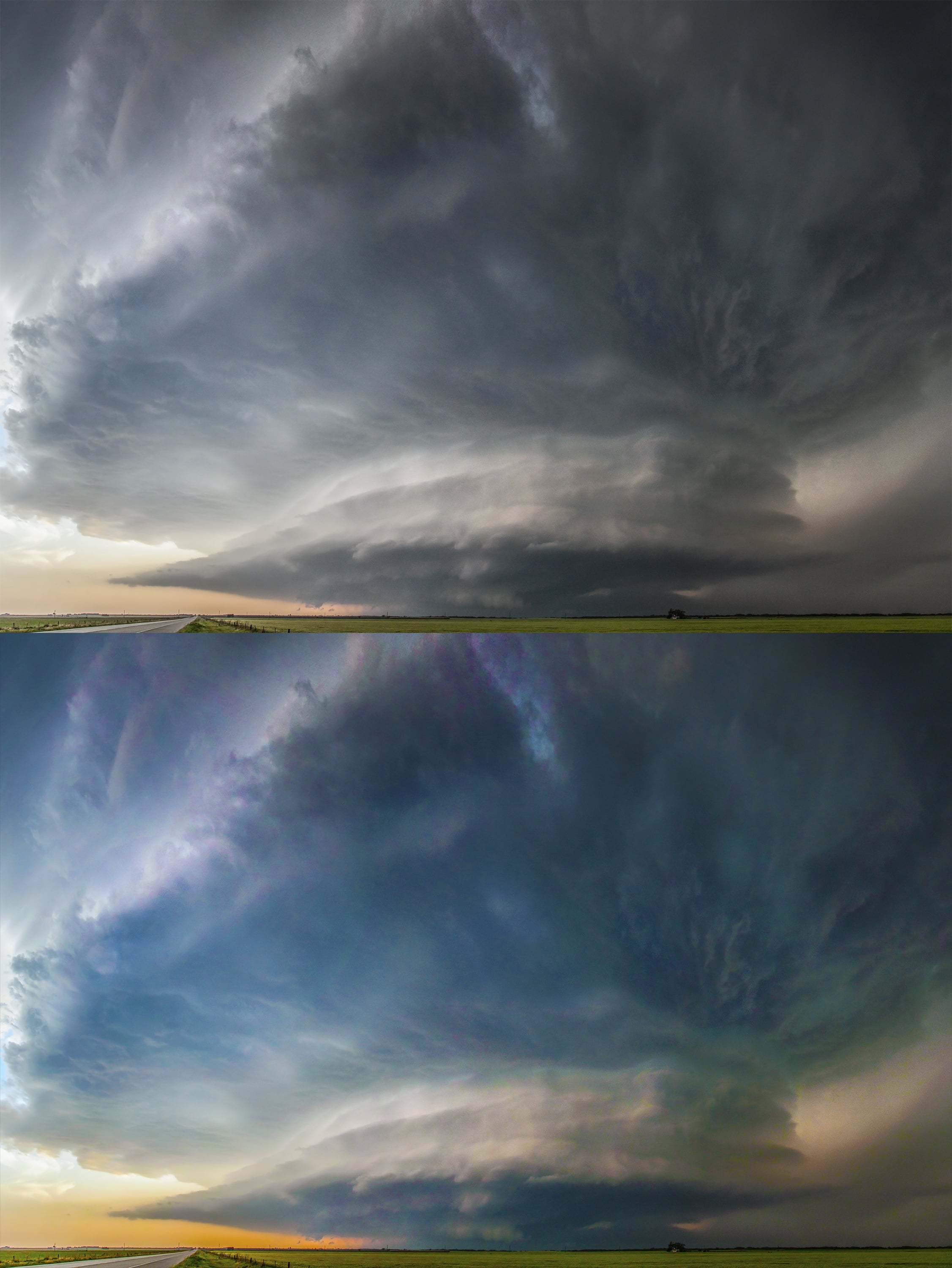Savannah Williams true to life edit of the Waurika supercell and my saturated special below.