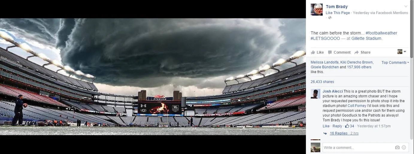 Colt Forney's image of a supercell in Wyoming, photoshopped over Gillette Stadium in Foxborough, Mass. 