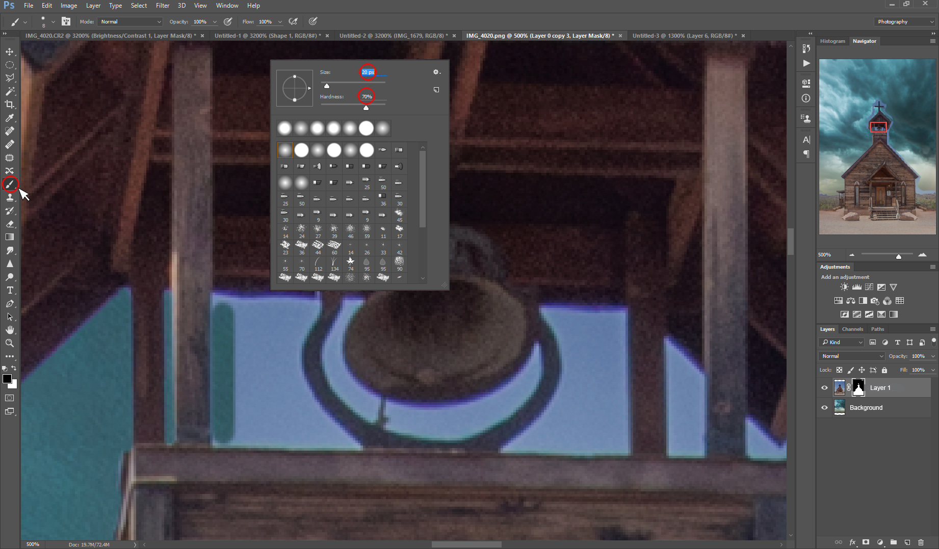 Right click on the image with the brush tool to reveal the Brush Options Panel. 