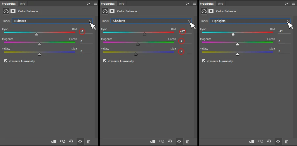 Three screenshots of the Color Balance Adjustment Layer Panel. Note the different values for each tone selected. 