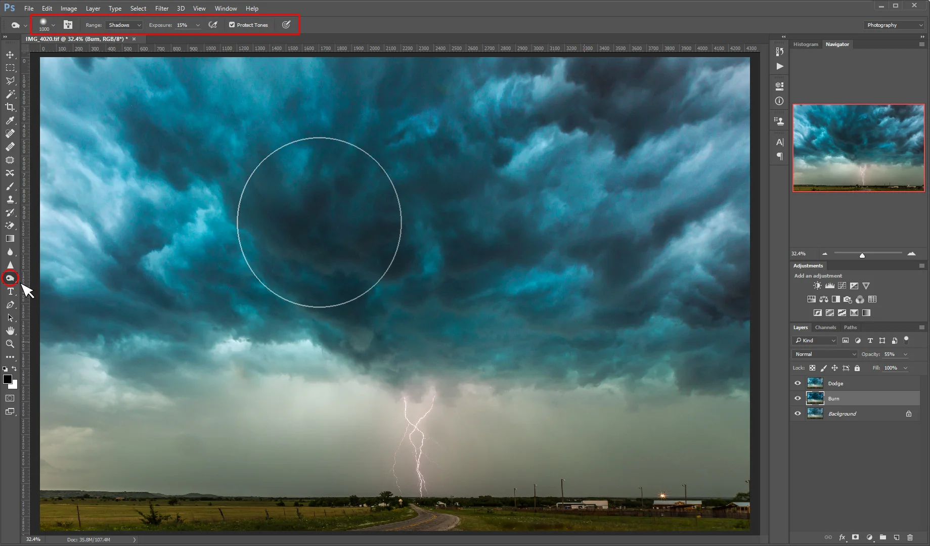 Control the Dodge Tool and Burn Tool in the Tool Options Panel. 