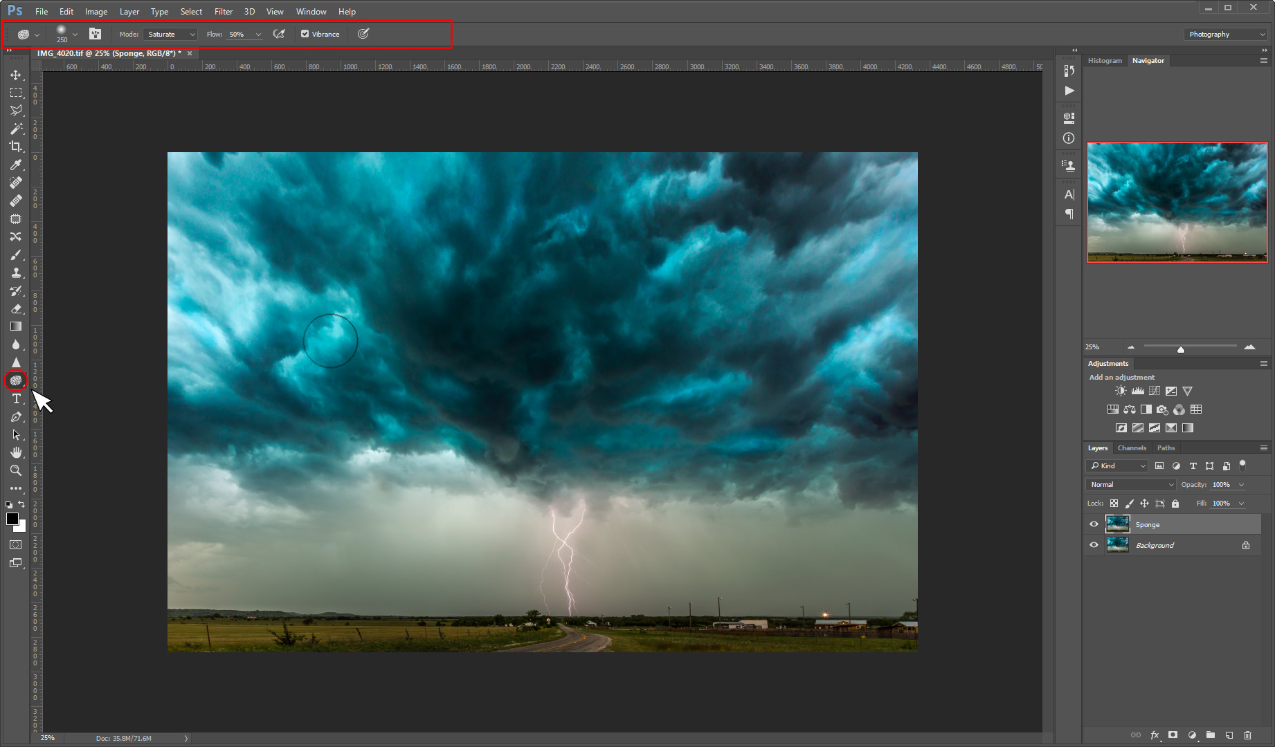 Control the Sponge Tool in the Tool Options Panel. 