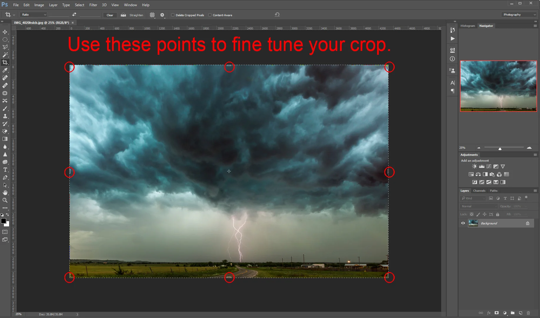 Use corner and mid points to transform your crop. 