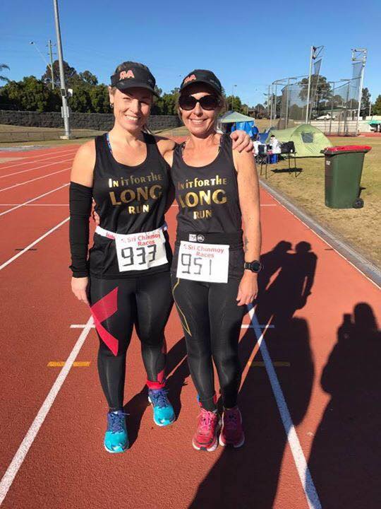Tracey Hind & buddy looking fresh at the 24 hour Sri Chinmoy track event July 2017