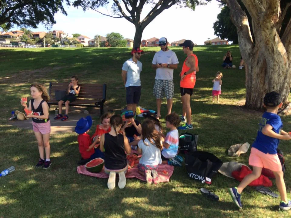 QP kids on a hot summers day december 2017 but we kept cool with water based running games & delicious watermelon from mum Georgina owner Maloneys grocer, Coogee bay road
