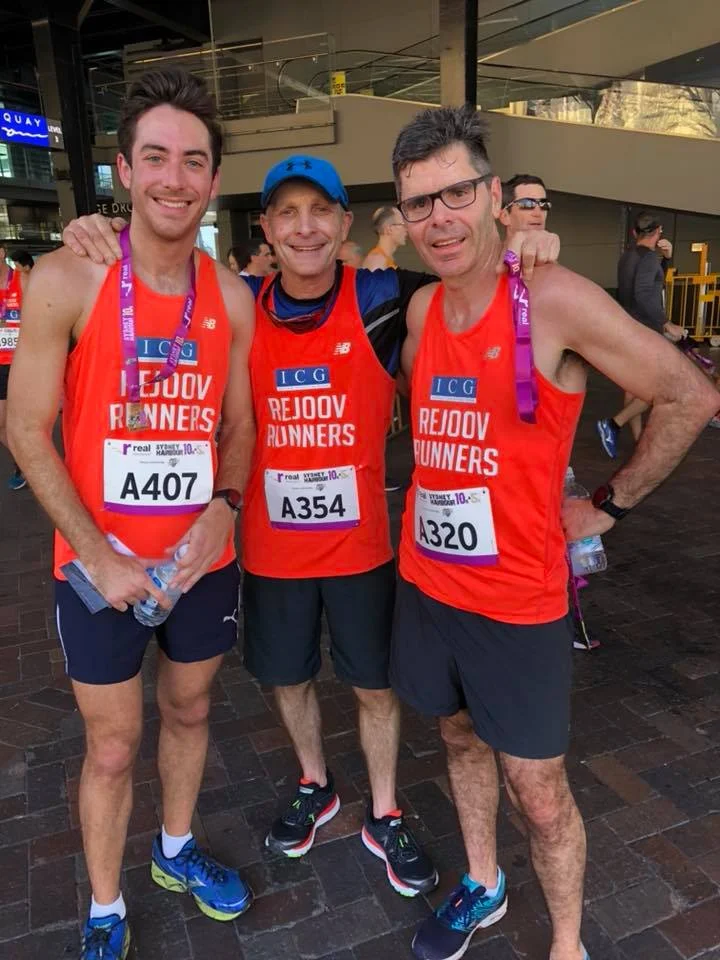 Ben feld (centre of pic) sydney Harbour 10k in pb 37.20 july 2018 with rejoovers jesse hanna and matt wacher