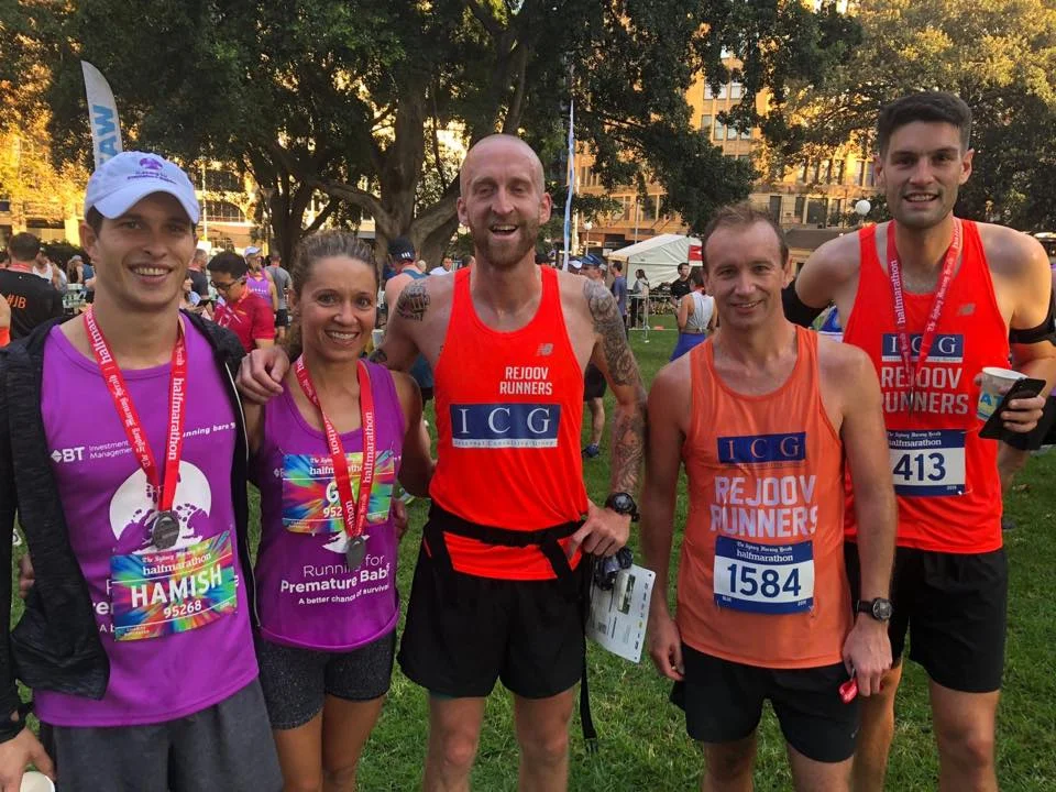 Jamie (pb 87.36, 10.29mins quicker than last year) from far right with Neil, Steve, Greta & Hamish. smh half marathon 2019