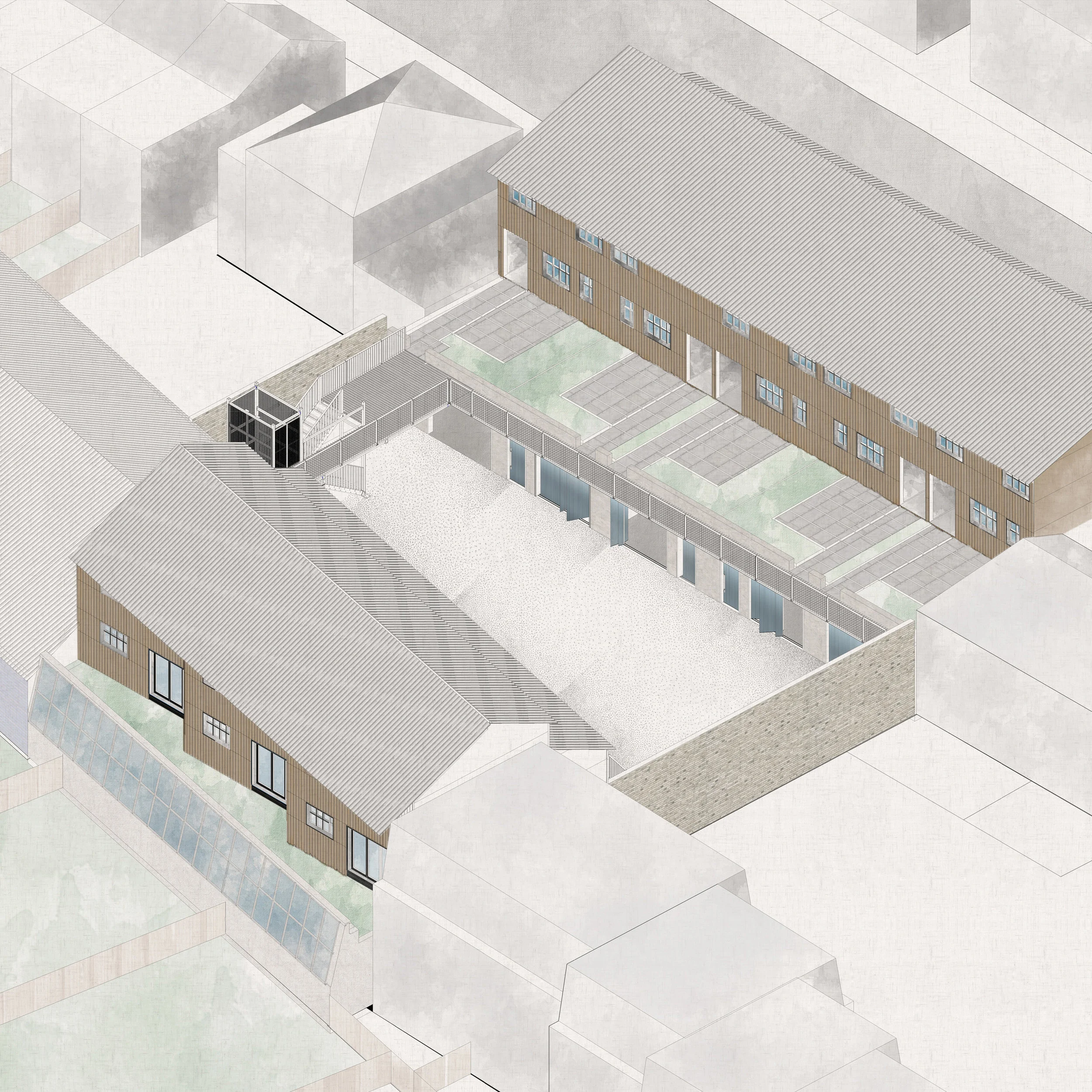 Located on a common suburban London condition within Surbiton the scheme creates a community housing development. Houses of mixed densities sit above a commercial ground level.