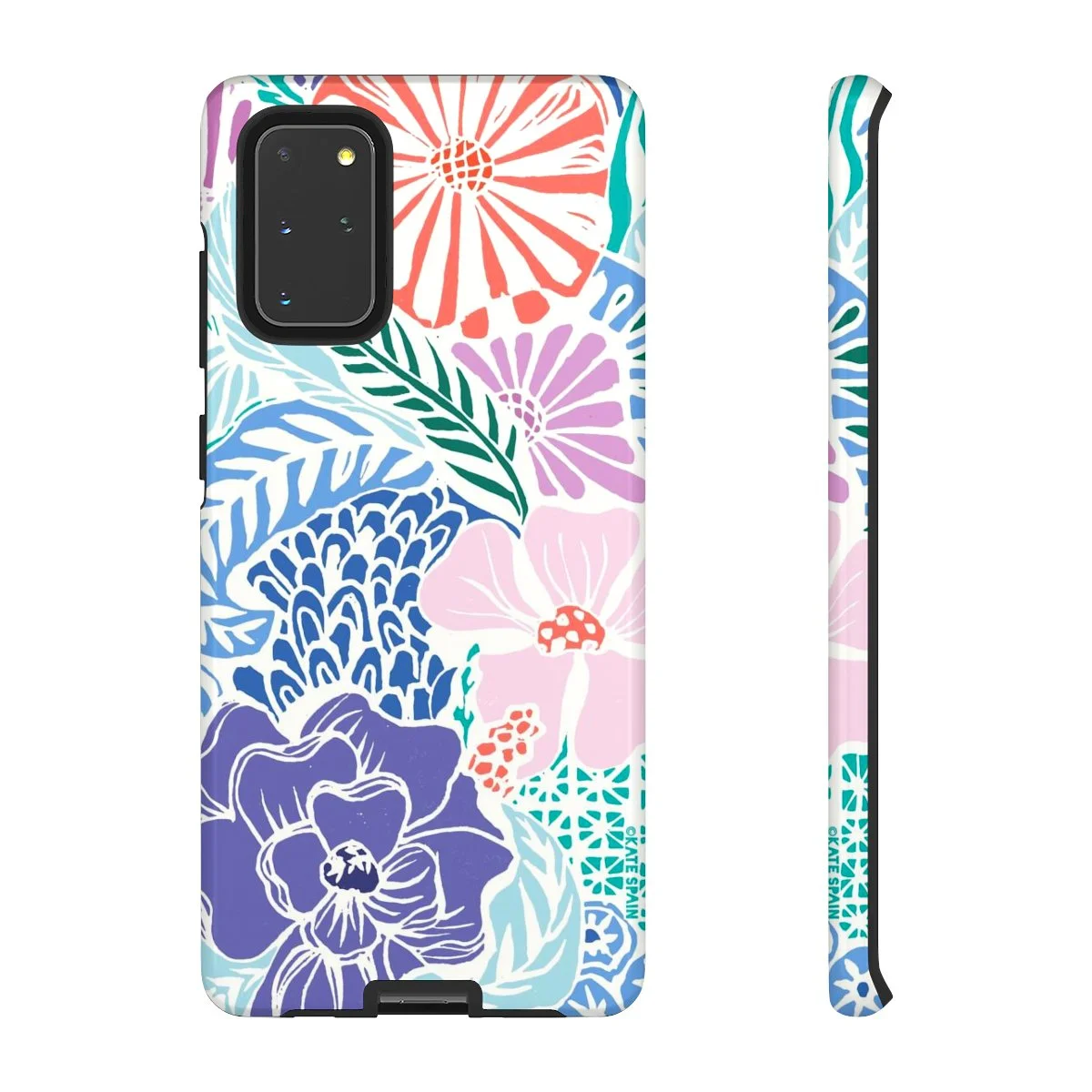 Tropica Purple and Pink Woodblock Stlye Colorful Flowers Tough Case Samsung Galaxy S20 Plus