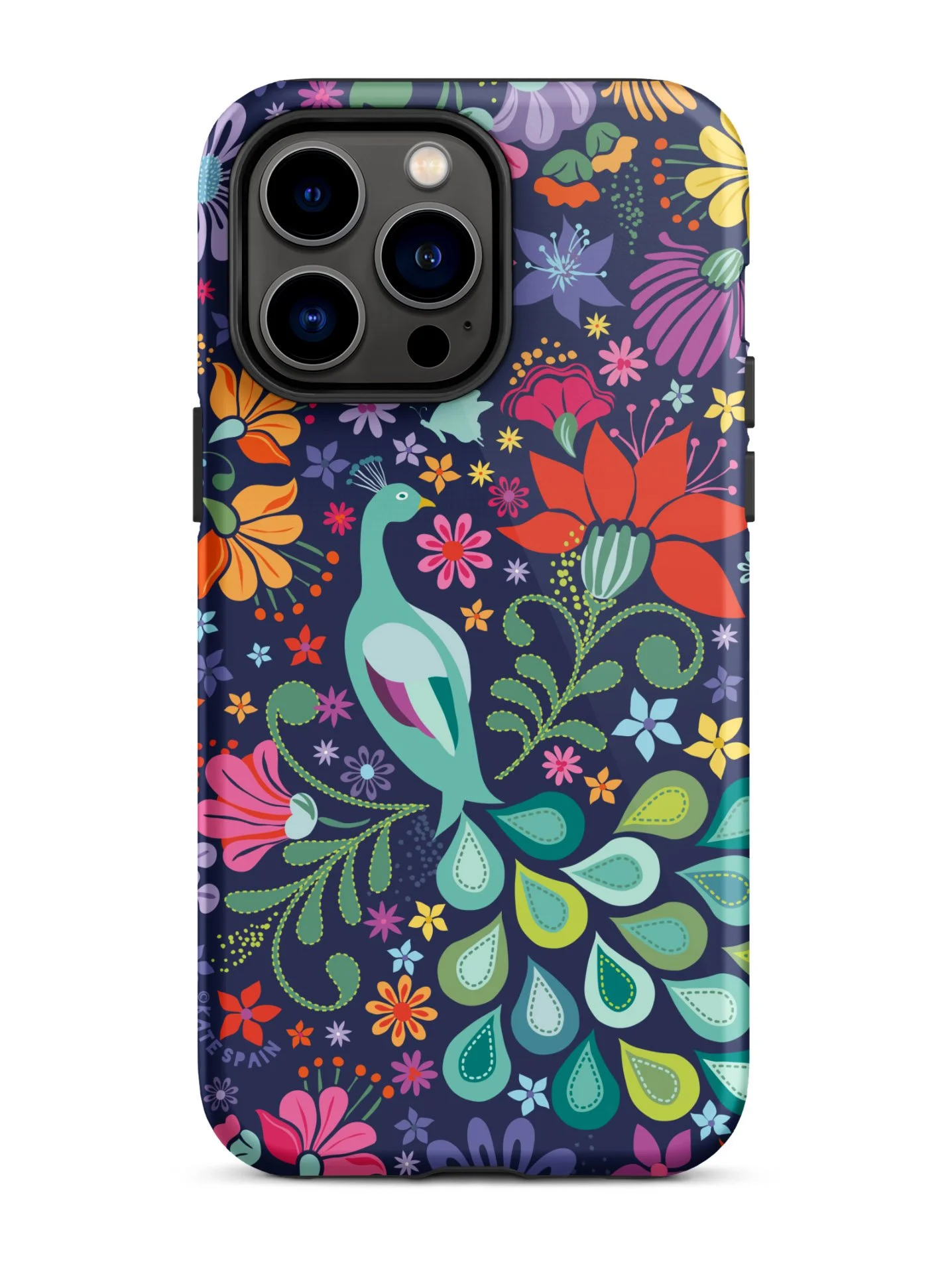 Peacock Sanctuary Navy Blue Colorful Flowers Tough case iphone 14 Pro Max