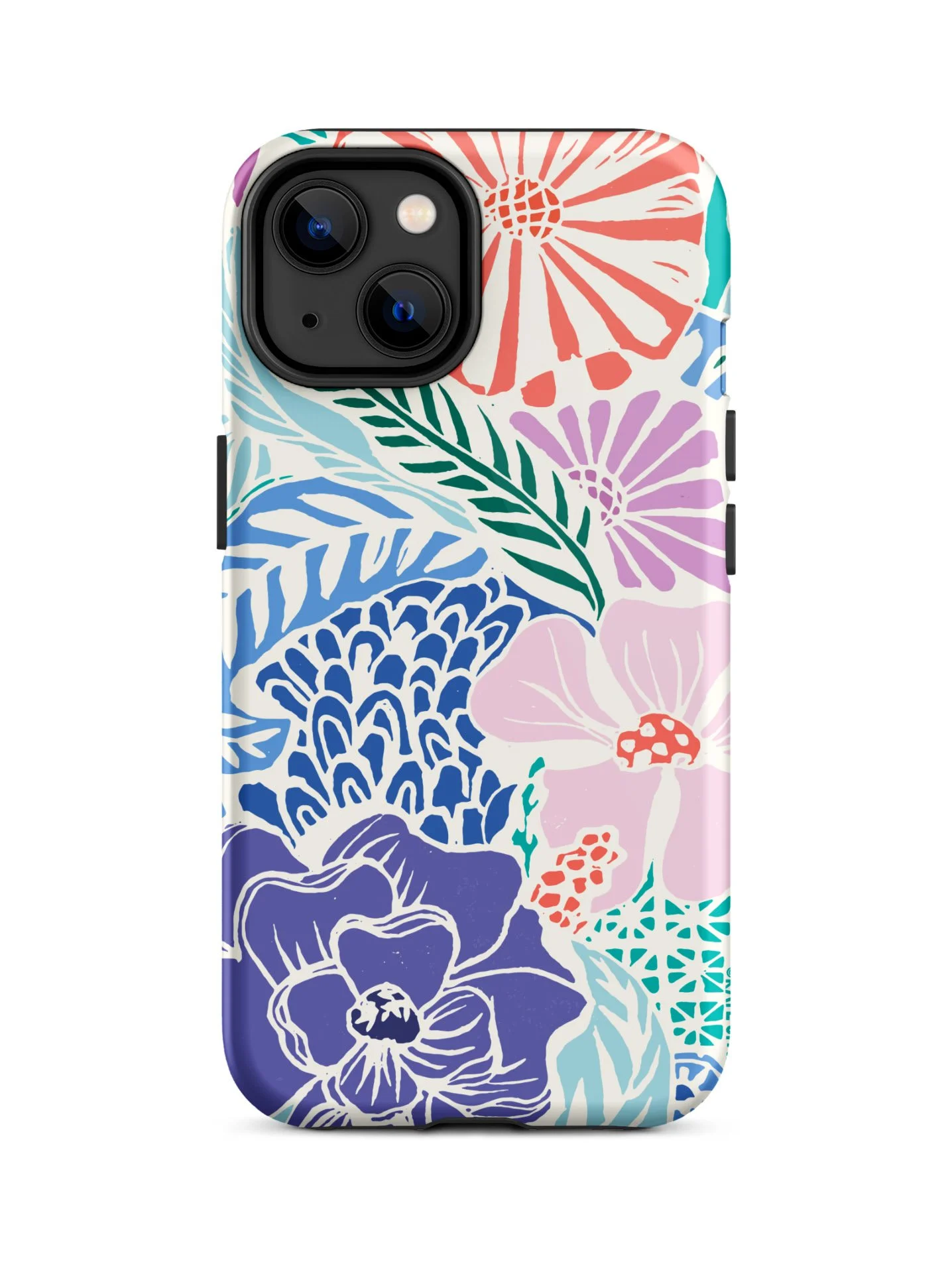 Tropica Purple Pink Turquoise Woodblock Style Kate Spain Colorful Flowers Tough Case iPhone 14