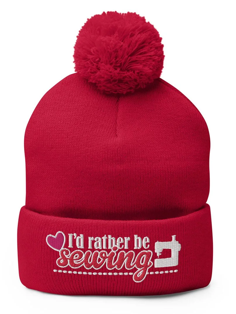 i'd rather be sewing pat sloan embroidered one size fits all knit winter holiday beanie hat with pom pom kate spain red