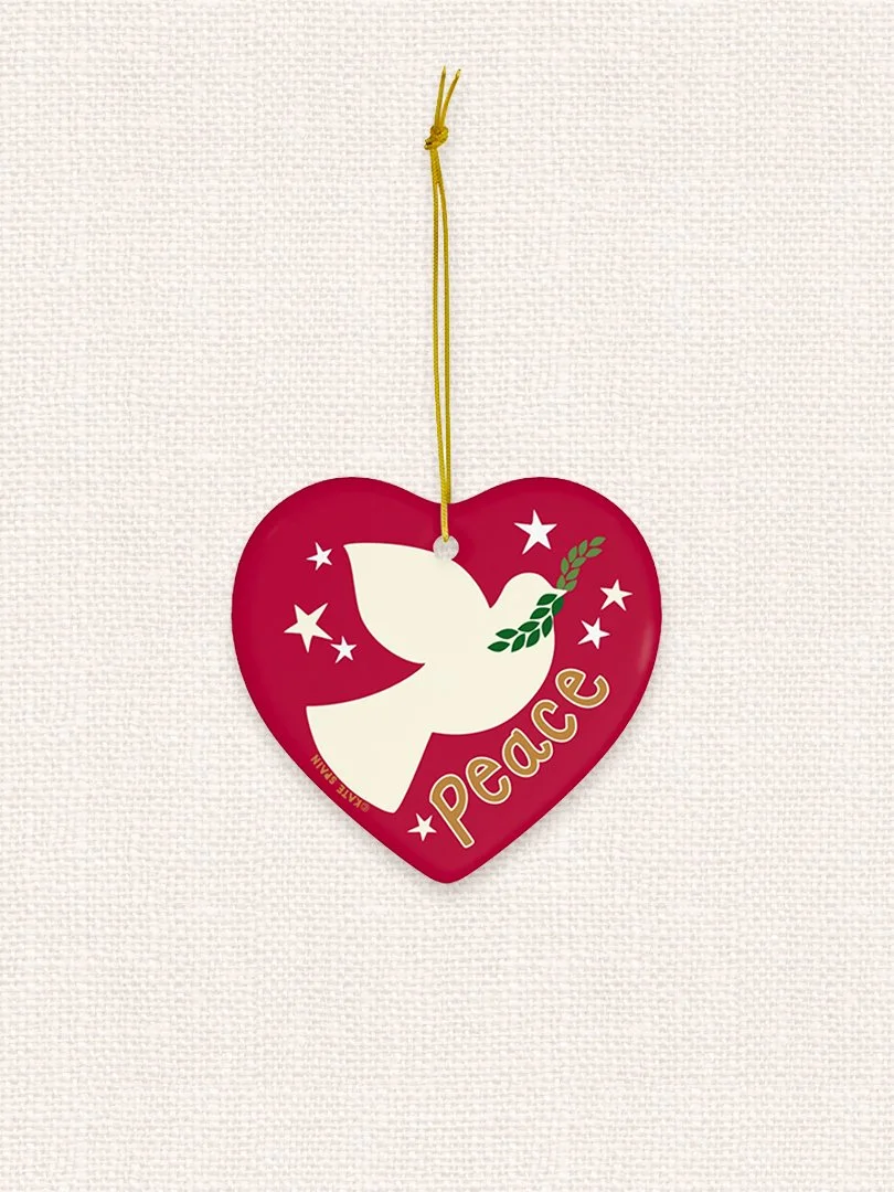 dove peace stars image on red colored background holiday christmas winter ornament 3 inch heart shaped porcelain ceramic
