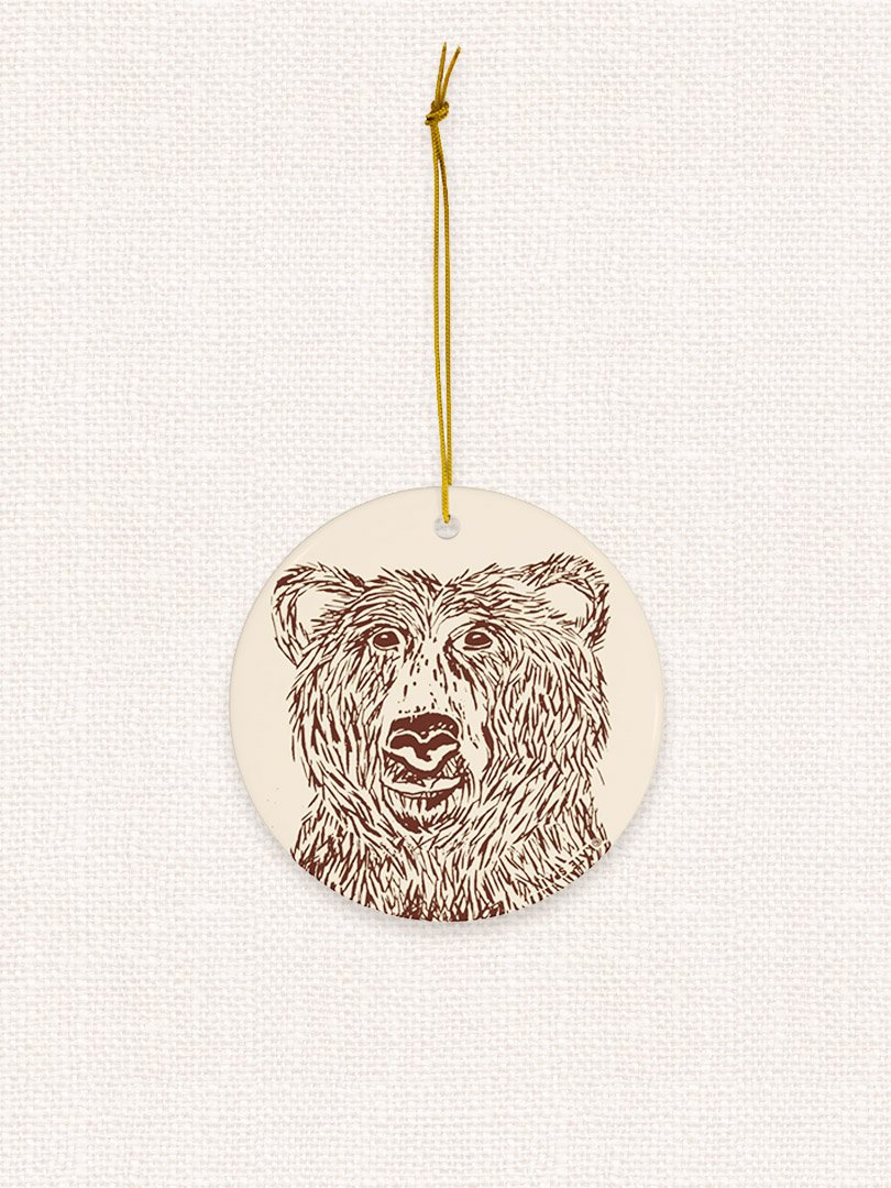 bear image on ivory background decorative holiday christmas winter ornament 3 inch round porcelain ceramic
