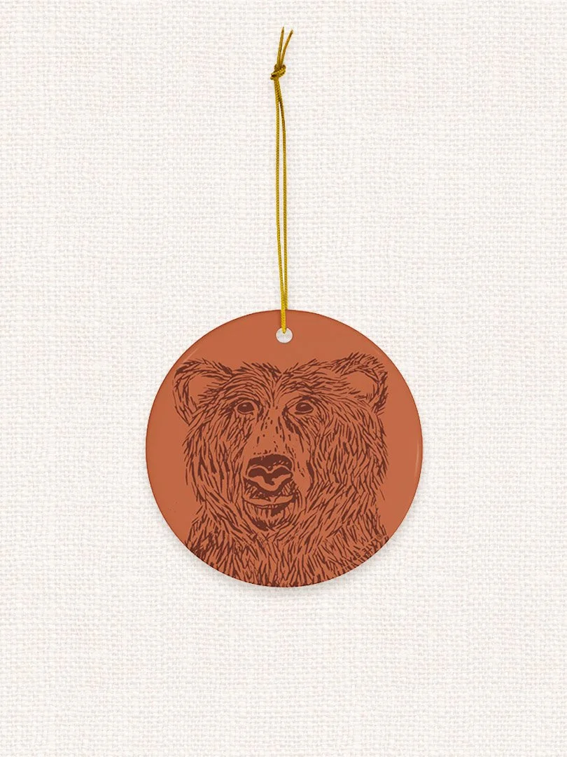 bear image on clay background decorative holiday christmas winter ornament 3 inch round porcelain ceramic